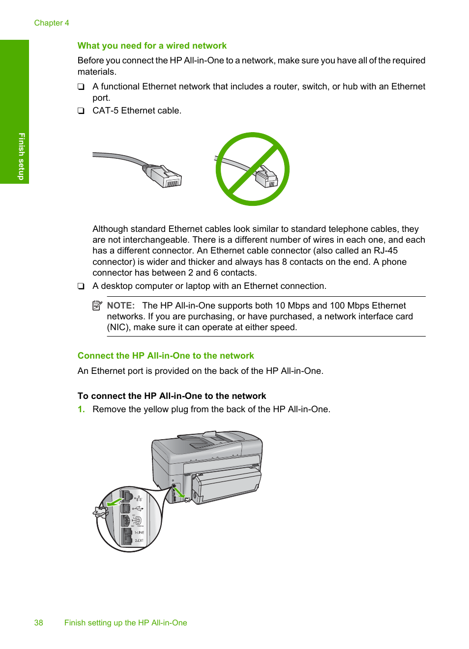 What you need for a wired network, Connect the hp all-in-one to the network | HP Photosmart C7200 Series User Manual | Page 39 / 309