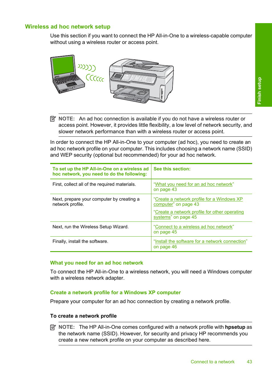 Wireless ad hoc network setup, What you need for an ad hoc network, Create a network profile for a windows xp computer | HP Photosmart C7200 Series User Manual | Page 44 / 309