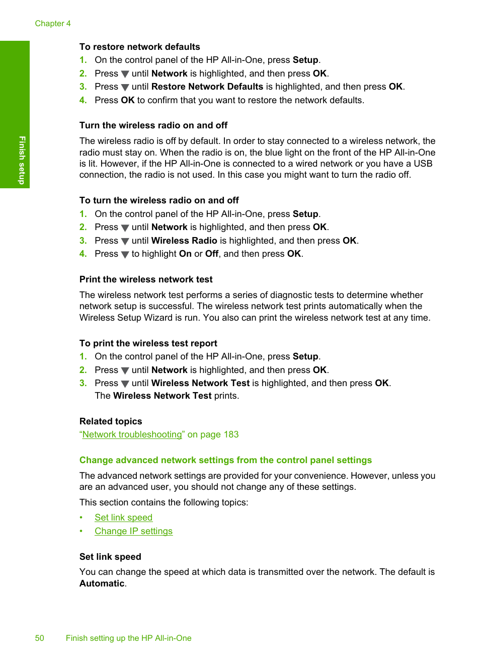 Turn the wireless radio on and off, Print the wireless network test | HP Photosmart C7200 Series User Manual | Page 51 / 309