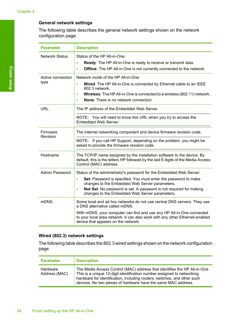 General network settings, Wired (802.3) network settings | HP Photosmart C7200 Series User Manual | Page 55 / 309