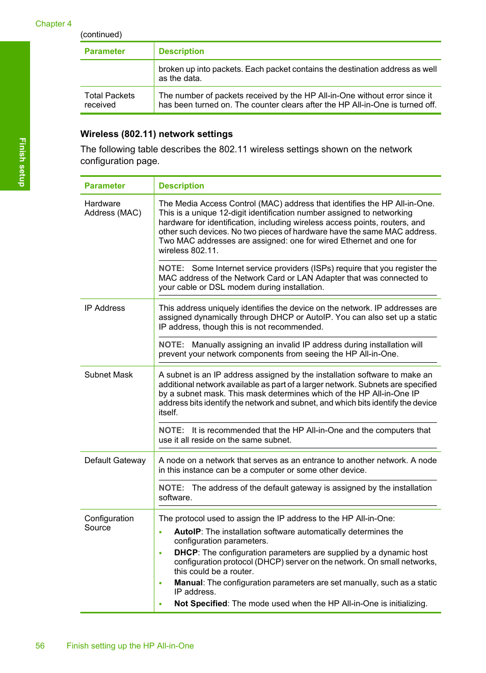 Wireless (802.11) network settings | HP Photosmart C7200 Series User Manual | Page 57 / 309