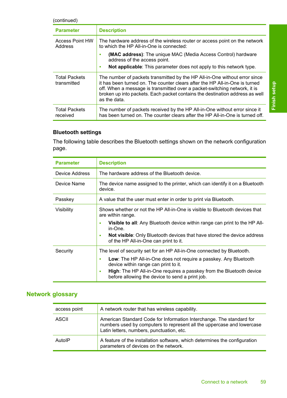 Network glossary, Bluetooth settings | HP Photosmart C7200 Series User Manual | Page 60 / 309