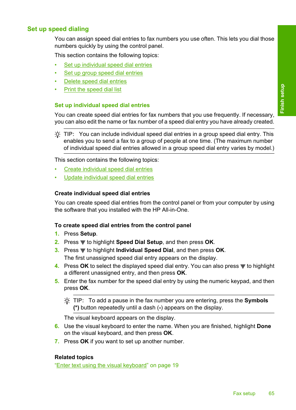 Set up speed dialing, Set up individual speed dial entries | HP Photosmart C7200 Series User Manual | Page 66 / 309