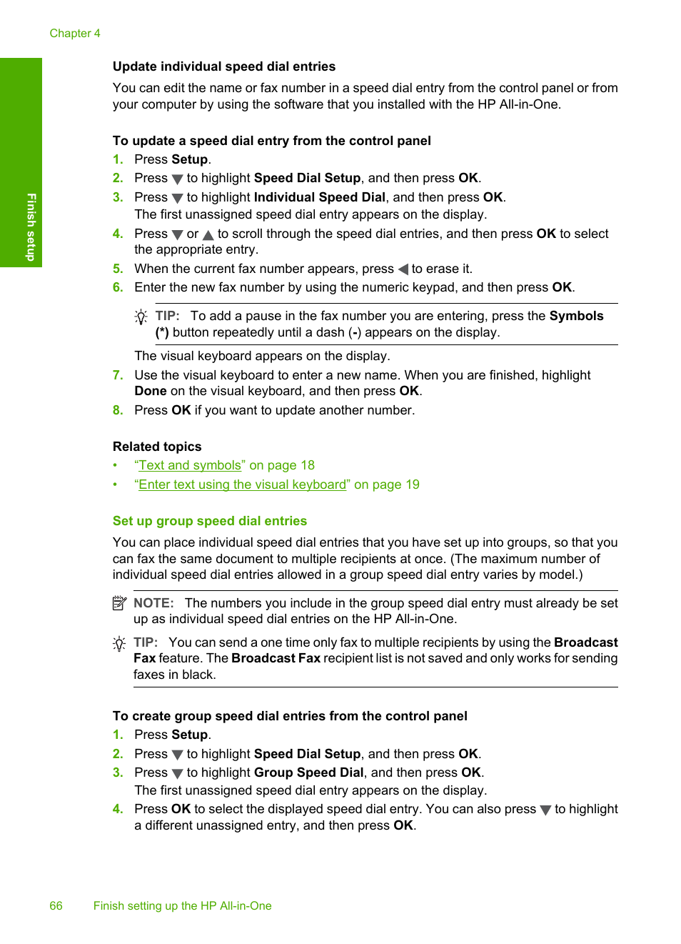 Set up group speed dial entries, Update individual speed dial entries | HP Photosmart C7200 Series User Manual | Page 67 / 309