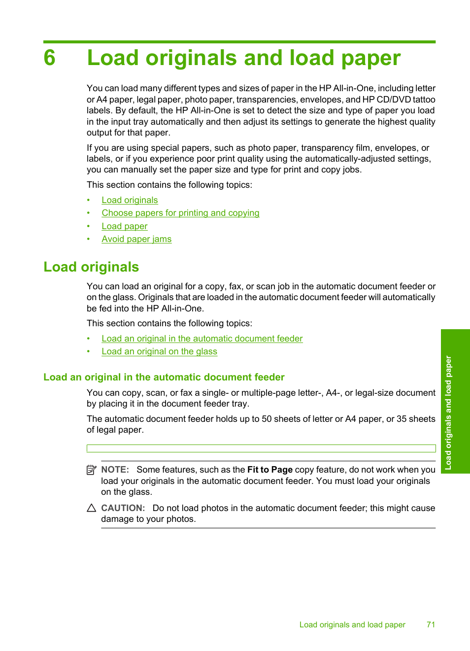 Load originals and load paper, Load originals, Load an original in the automatic document feeder | 6 load originals and load paper, 6load originals and load paper | HP Photosmart C7200 Series User Manual | Page 72 / 309