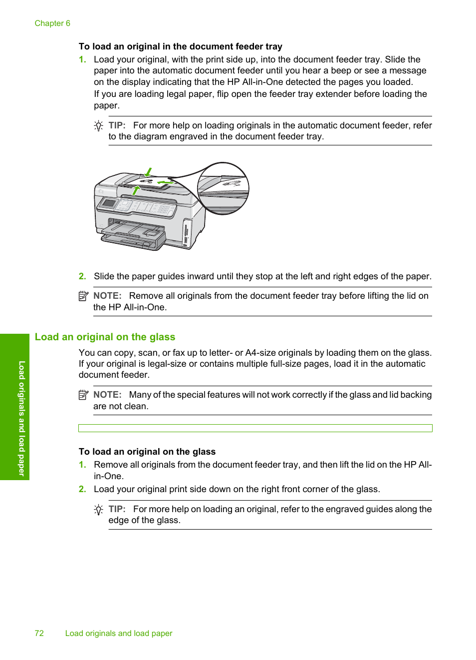 Load an original on the glass | HP Photosmart C7200 Series User Manual | Page 73 / 309