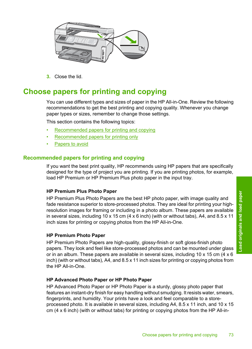 Choose papers for printing and copying, Recommended papers for printing and copying | HP Photosmart C7200 Series User Manual | Page 74 / 309