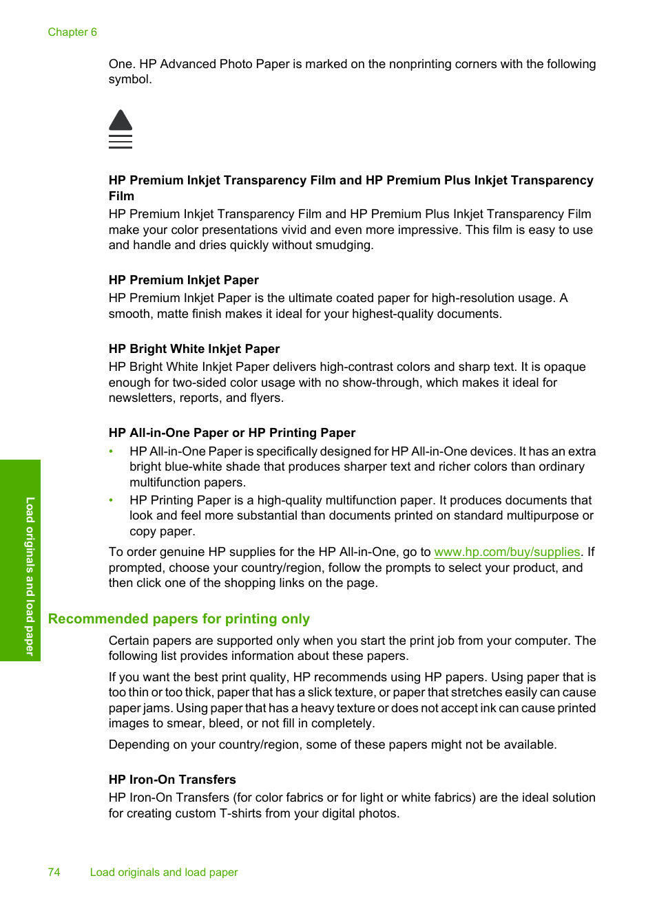 Recommended papers for printing only | HP Photosmart C7200 Series User Manual | Page 75 / 309