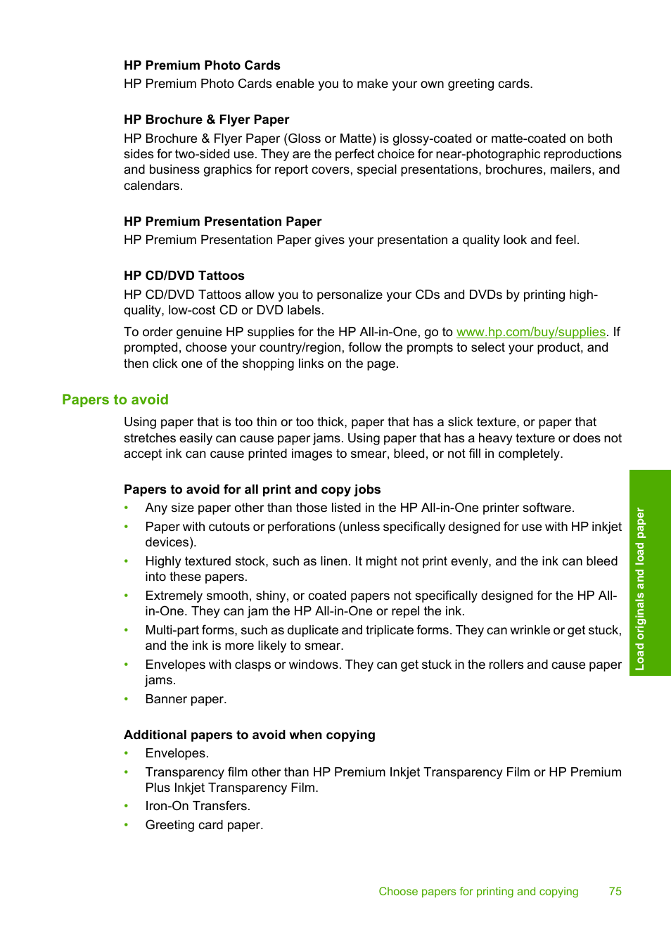 Papers to avoid | HP Photosmart C7200 Series User Manual | Page 76 / 309
