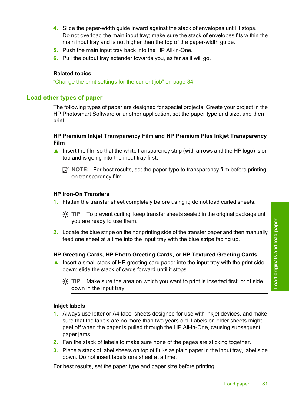 Load other types of paper | HP Photosmart C7200 Series User Manual | Page 82 / 309