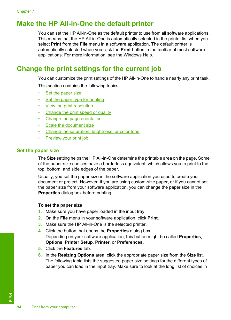 Make the hp all-in-one the default printer, Change the print settings for the current job, Set the paper size | HP Photosmart C7200 Series User Manual | Page 85 / 309