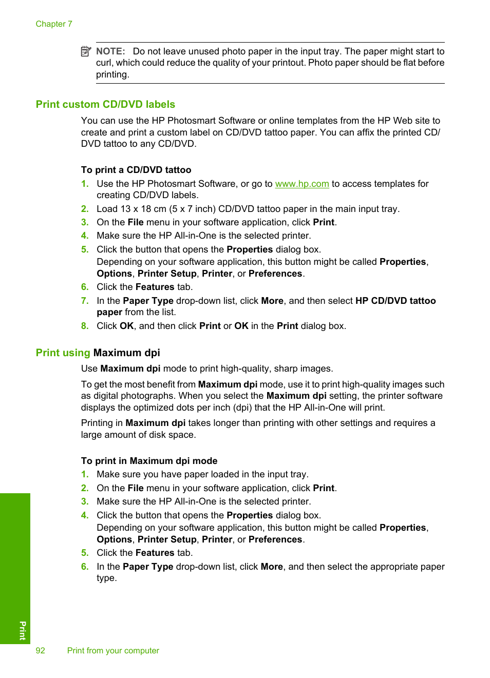 Print custom cd/dvd labels, Print using maximum dpi | HP Photosmart C7200 Series User Manual | Page 93 / 309