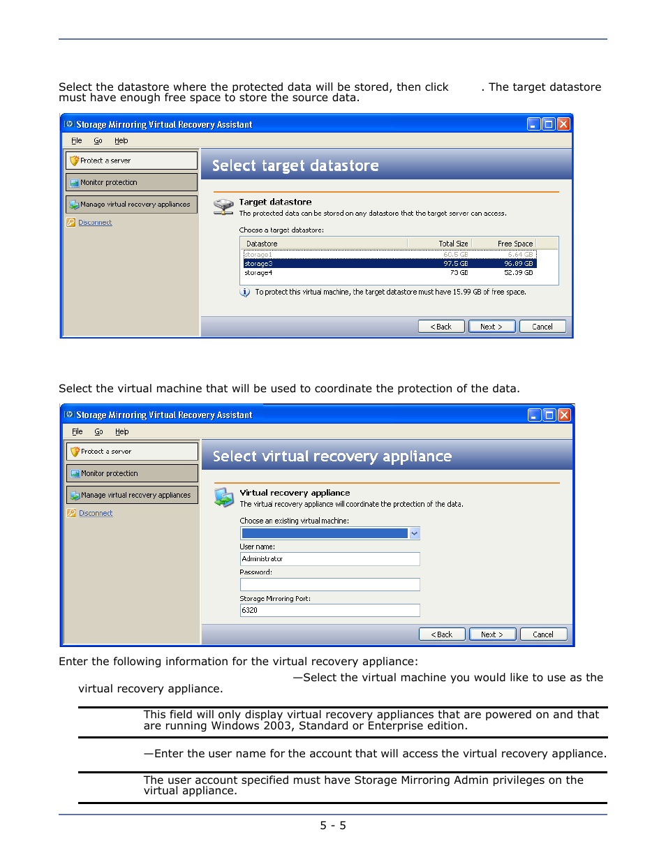 Select the target datastore, Select the virtual recovery appliance | HP Storage Mirroring V5.1 Software User Manual | Page 15 / 24