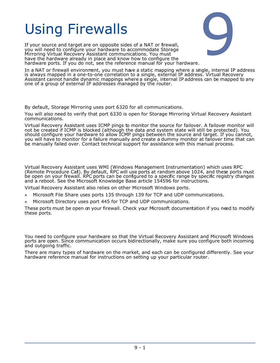 Using firewalls, Virtual recovery assistant ports, Microsoft windows ports | Hardware ports, Chapter 9 using firewalls -1 | HP Storage Mirroring V5.1 Software User Manual | Page 24 / 24