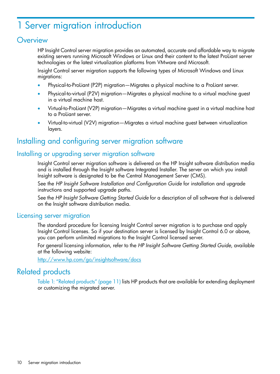 1 server migration introduction, Overview, Installing or upgrading server migration software | Licensing server migration, Related products | HP Insight Control User Manual | Page 10 / 78