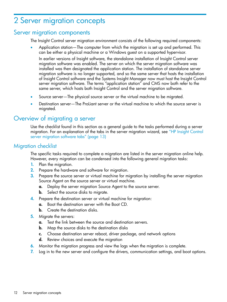 2 server migration concepts, Server migration components, Overview of migrating a server | Migration checklist | HP Insight Control User Manual | Page 12 / 78