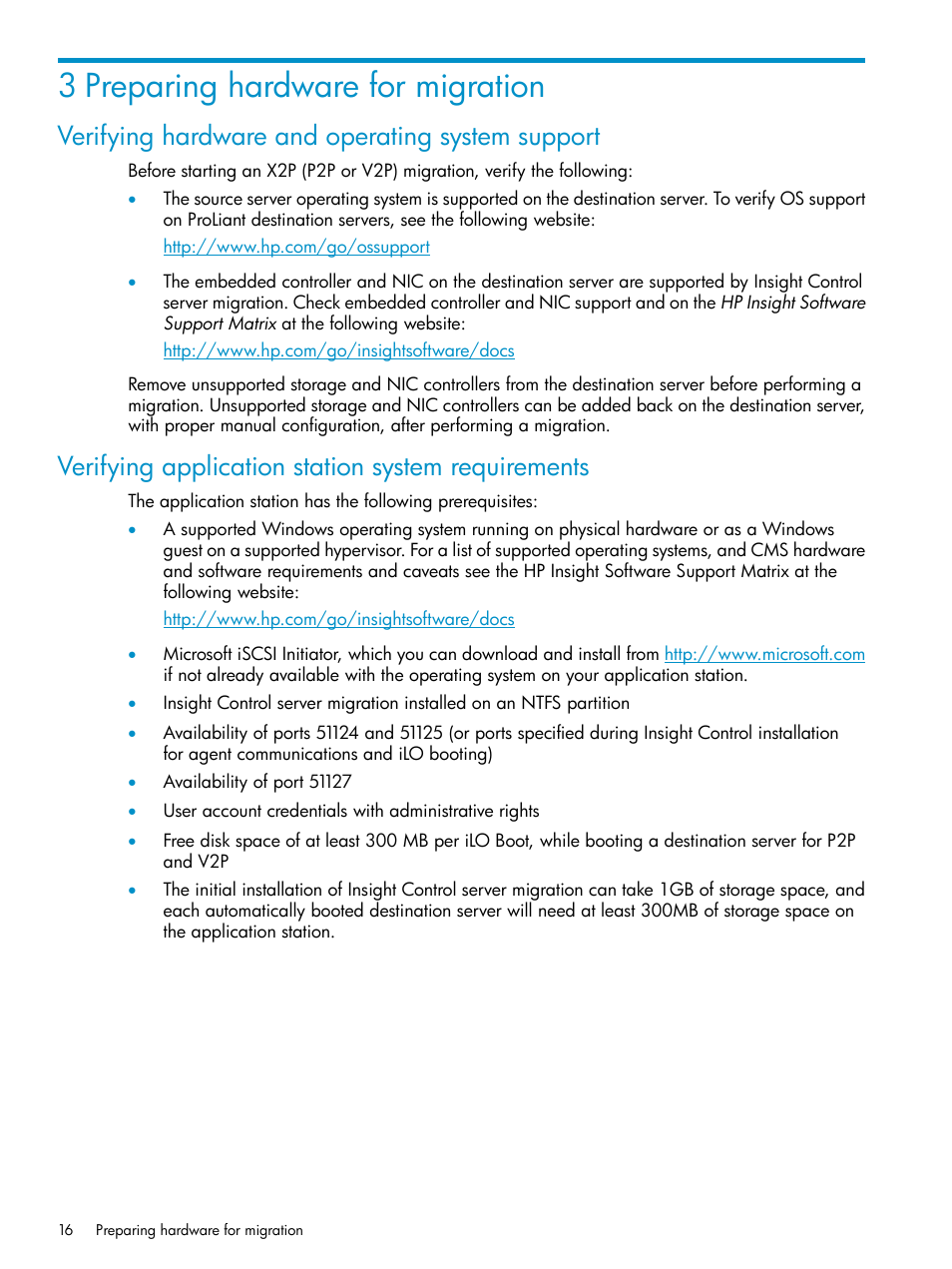 3 preparing hardware for migration, Verifying hardware and operating system support, Verifying application station system requirements | HP Insight Control User Manual | Page 16 / 78
