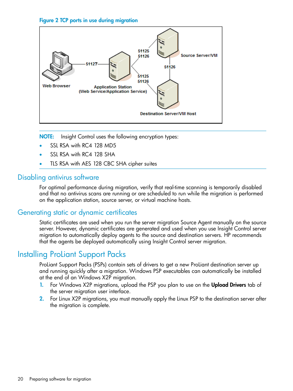 Disabling antivirus software, Generating static or dynamic certificates, Installing proliant support packs | HP Insight Control User Manual | Page 20 / 78