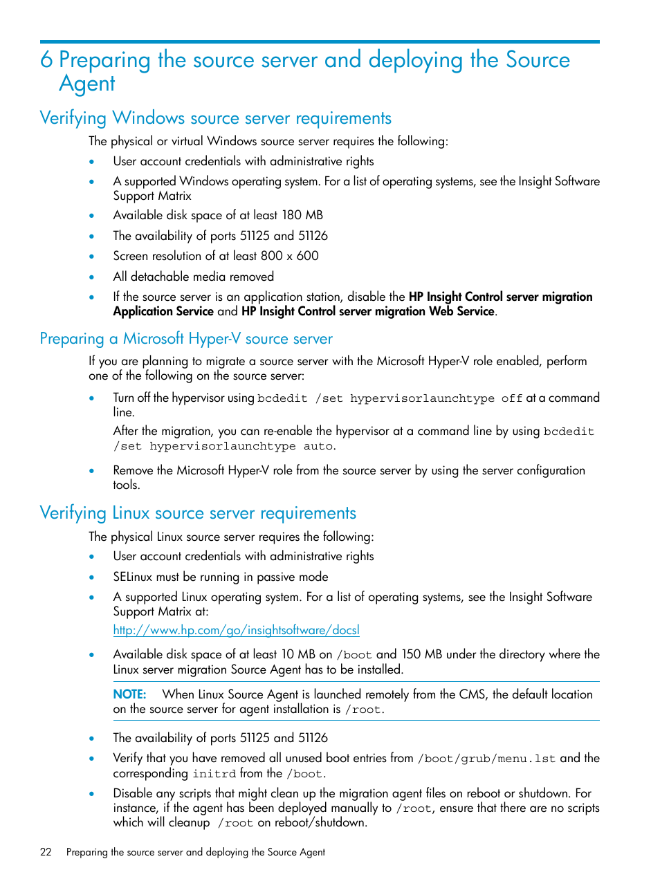 Verifying windows source server requirements, Preparing a microsoft hyper-v source server, Verifying linux source server requirements | HP Insight Control User Manual | Page 22 / 78