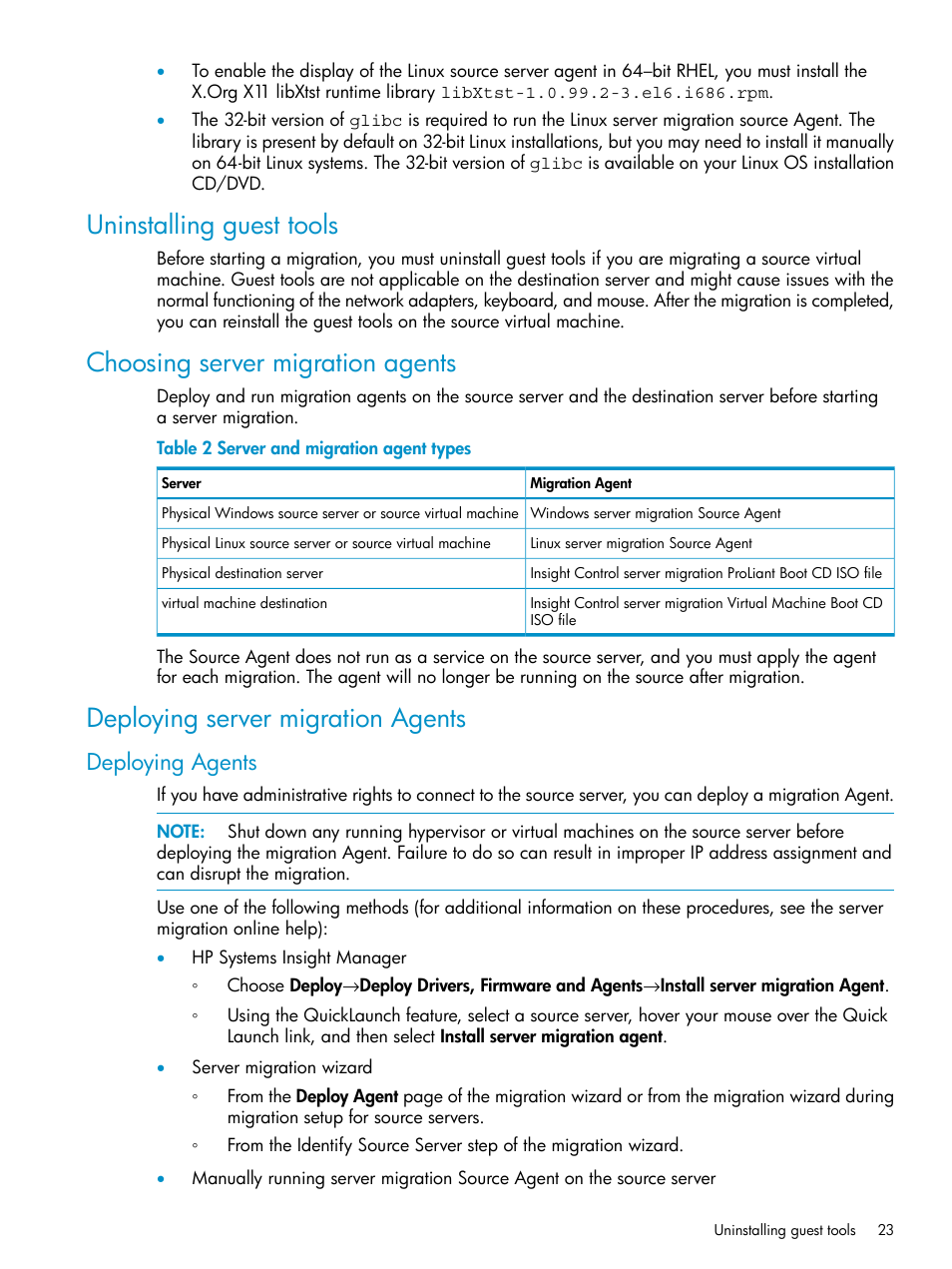 Uninstalling guest tools, Choosing server migration agents, Deploying server migration agents | Deploying agents | HP Insight Control User Manual | Page 23 / 78