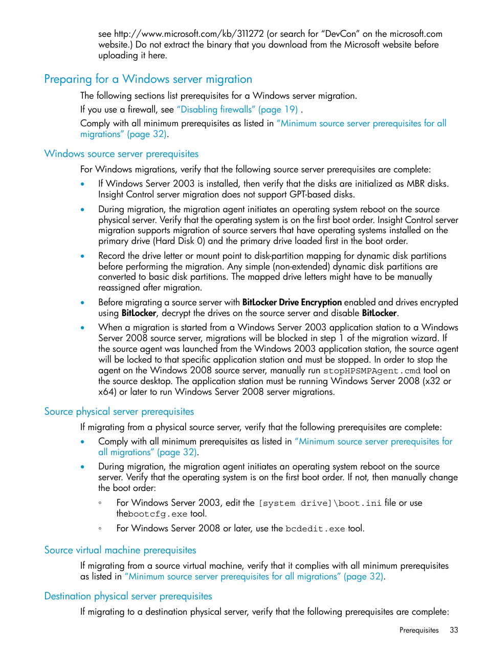 Preparing for a windows server migration, Windows source server prerequisites, Source physical server prerequisites | Source virtual machine prerequisites, Destination physical server prerequisites | HP Insight Control User Manual | Page 33 / 78