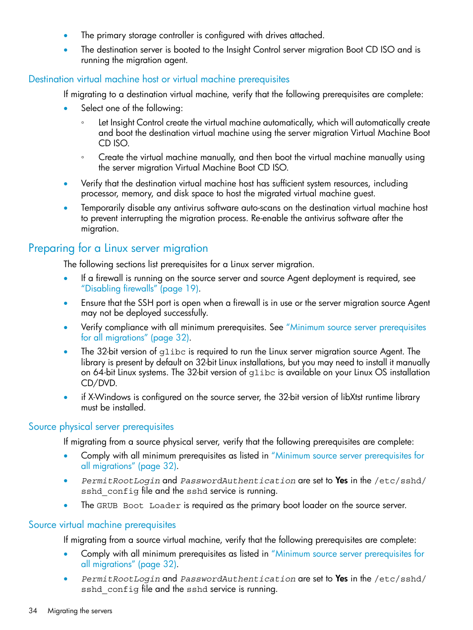 Preparing for a linux server migration, Source physical server prerequisites, Source virtual machine prerequisites | HP Insight Control User Manual | Page 34 / 78