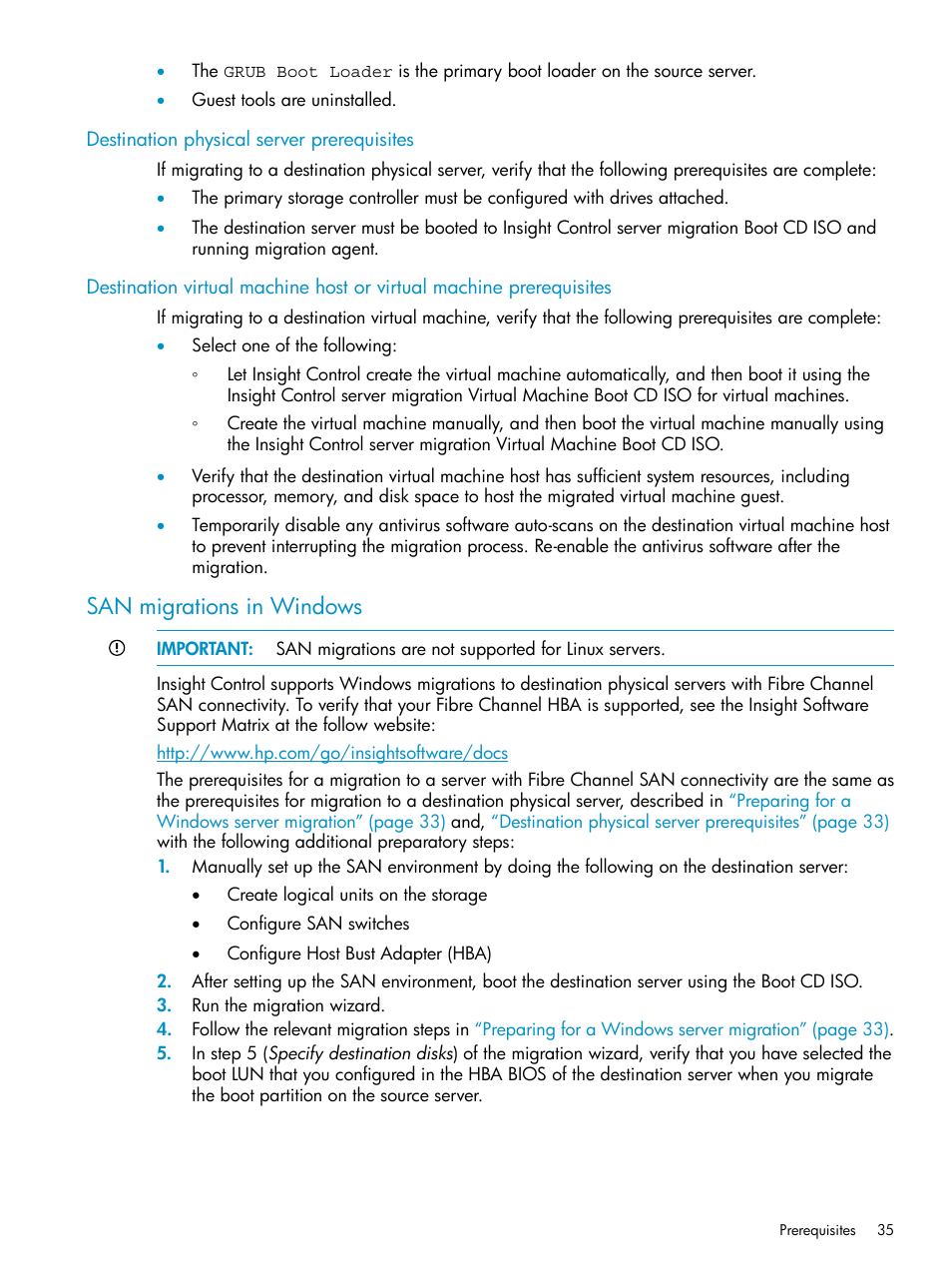 Destination physical server prerequisites, San migrations in windows | HP Insight Control User Manual | Page 35 / 78