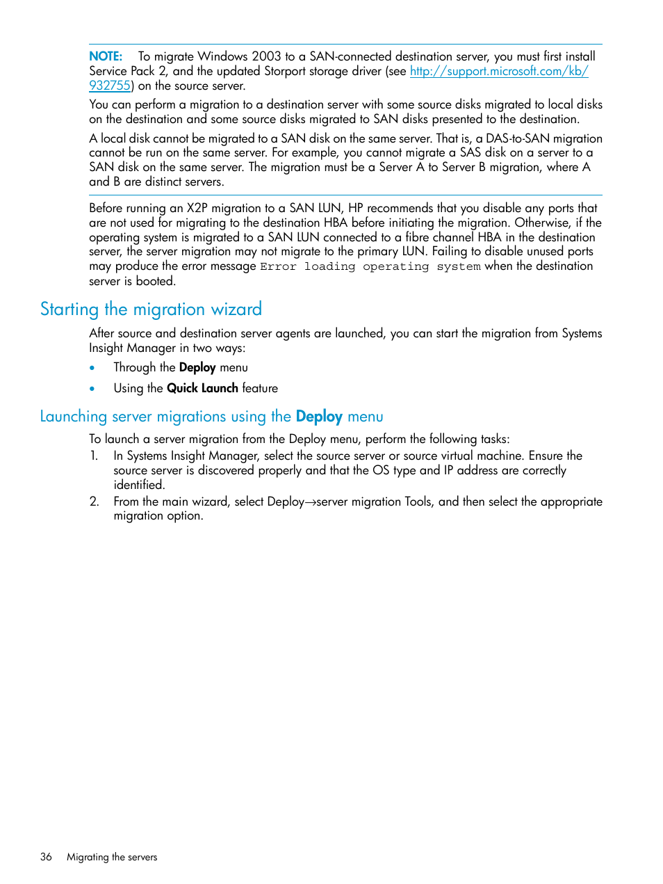 Starting the migration wizard, Launching server migrations using the deploy menu | HP Insight Control User Manual | Page 36 / 78
