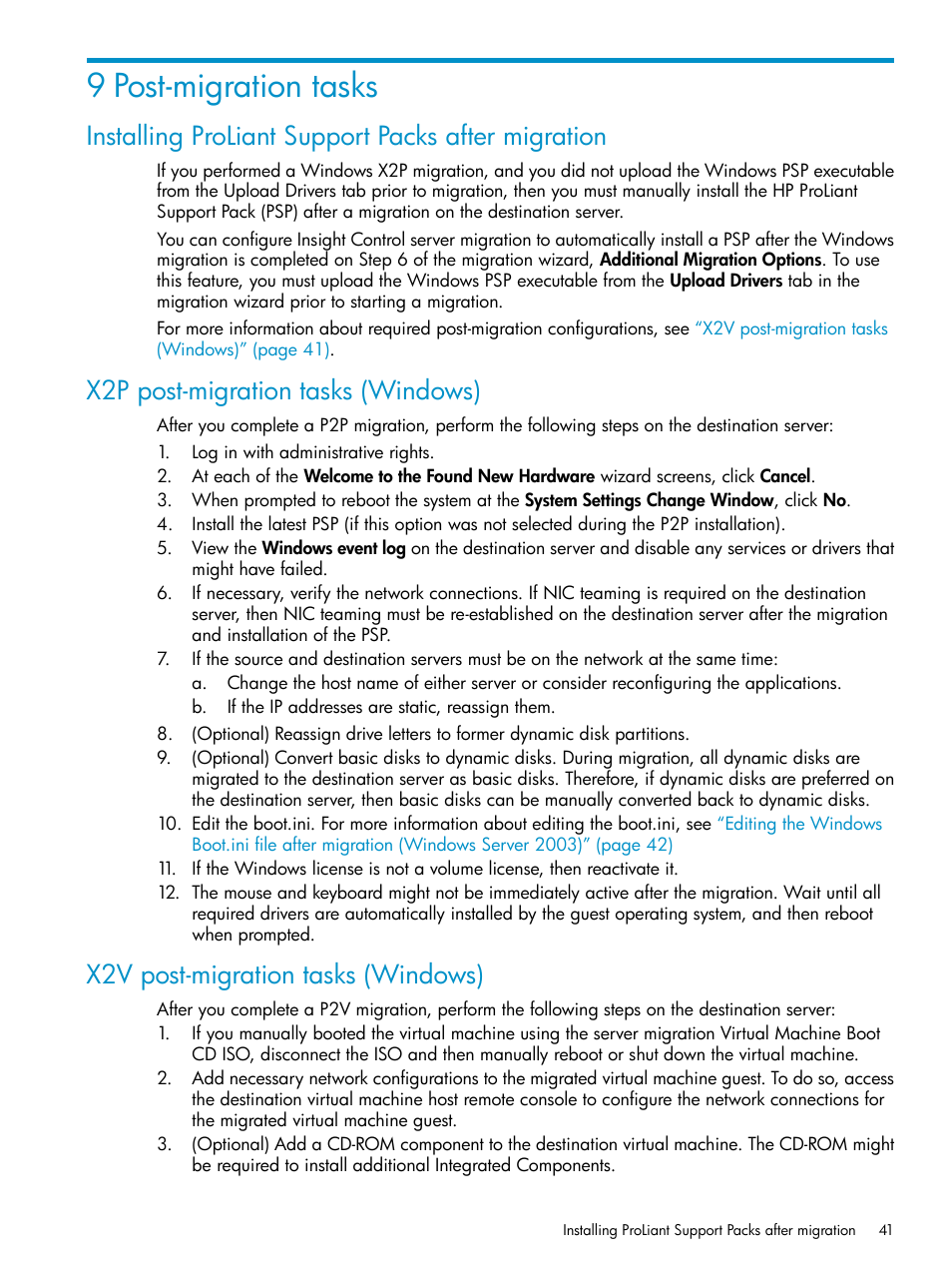9 post-migration tasks, Installing proliant support packs after migration, X2p post-migration tasks (windows) | X2v post-migration tasks (windows) | HP Insight Control User Manual | Page 41 / 78