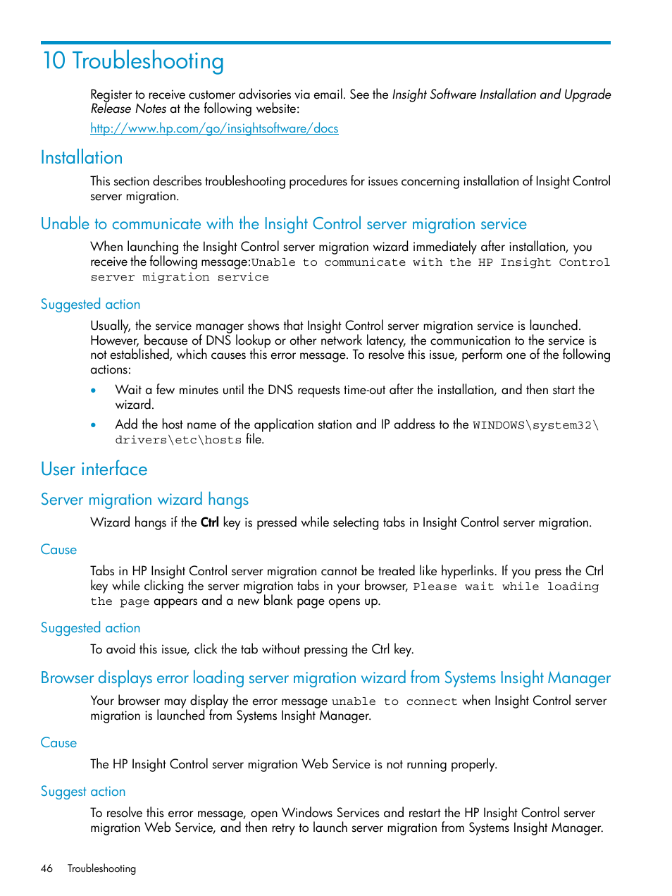 10 troubleshooting, Installation, Suggested action | User interface, Server migration wizard hangs, Cause, Suggest action, Cause suggested action, Cause suggest action | HP Insight Control User Manual | Page 46 / 78