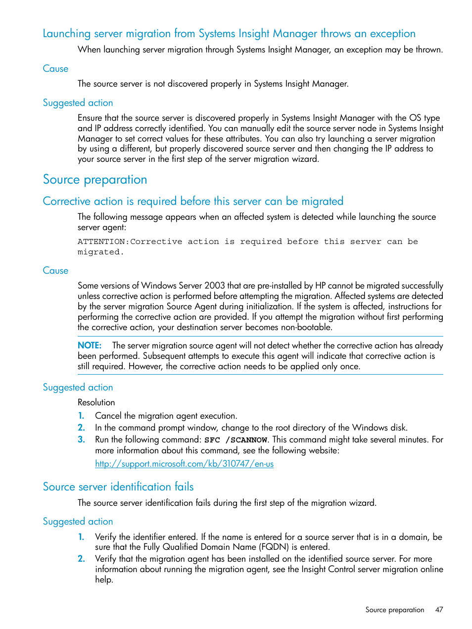 Cause, Suggested action, Source preparation | Source server identification fails, Cause suggested action | HP Insight Control User Manual | Page 47 / 78