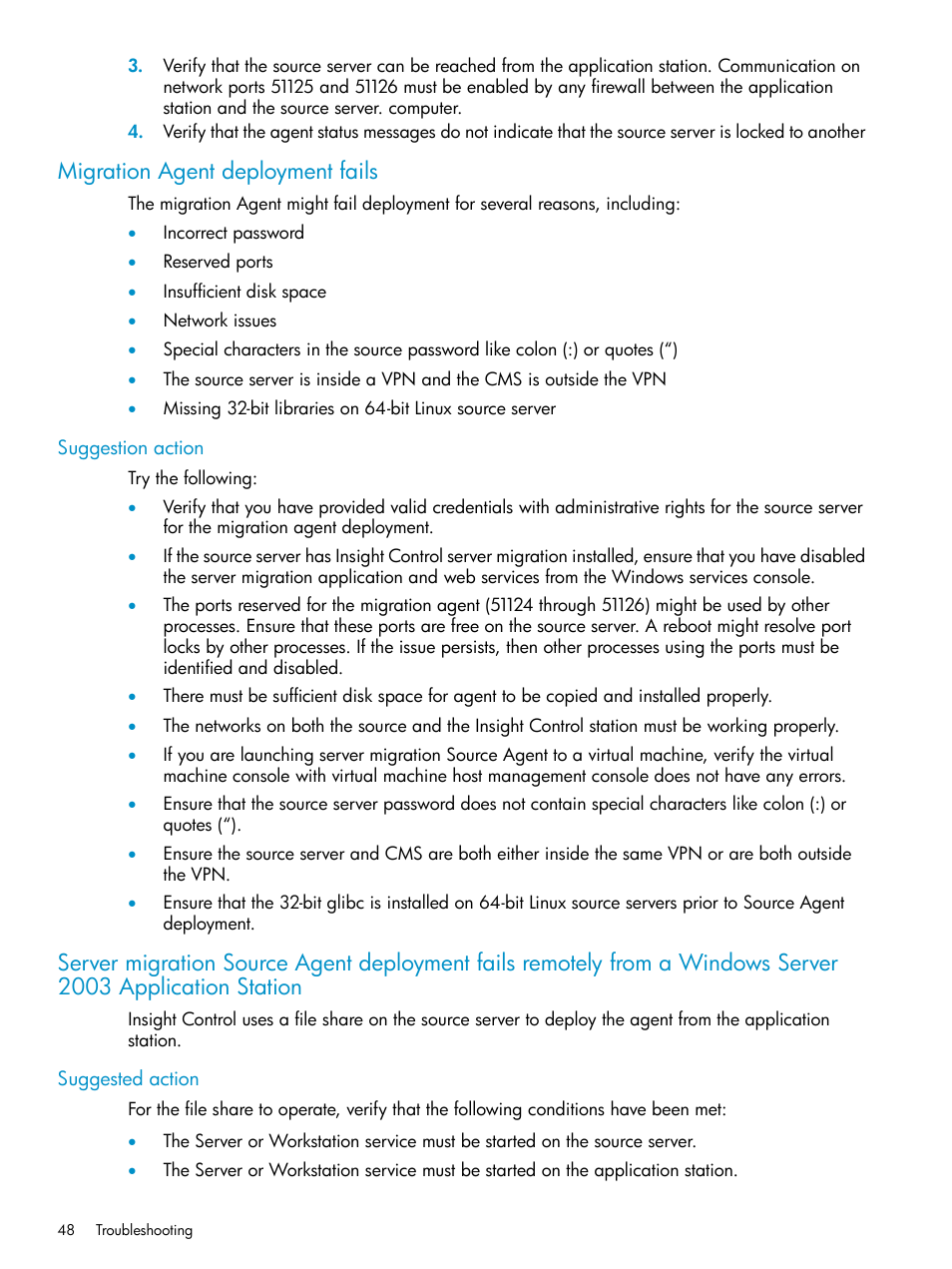 Migration agent deployment fails, Suggestion action, Suggested action | HP Insight Control User Manual | Page 48 / 78