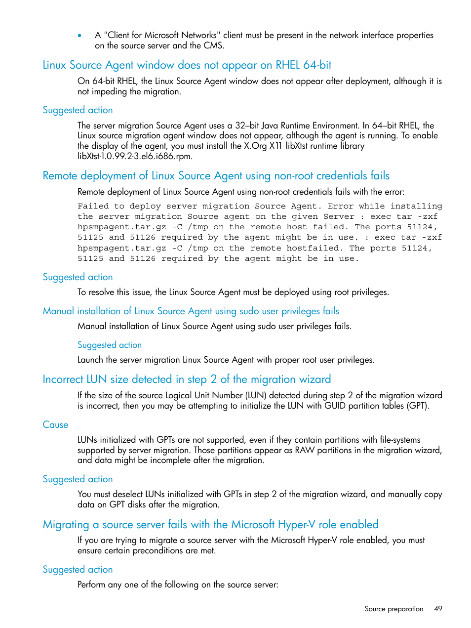 Suggested action, Cause, Cause suggested action | HP Insight Control User Manual | Page 49 / 78