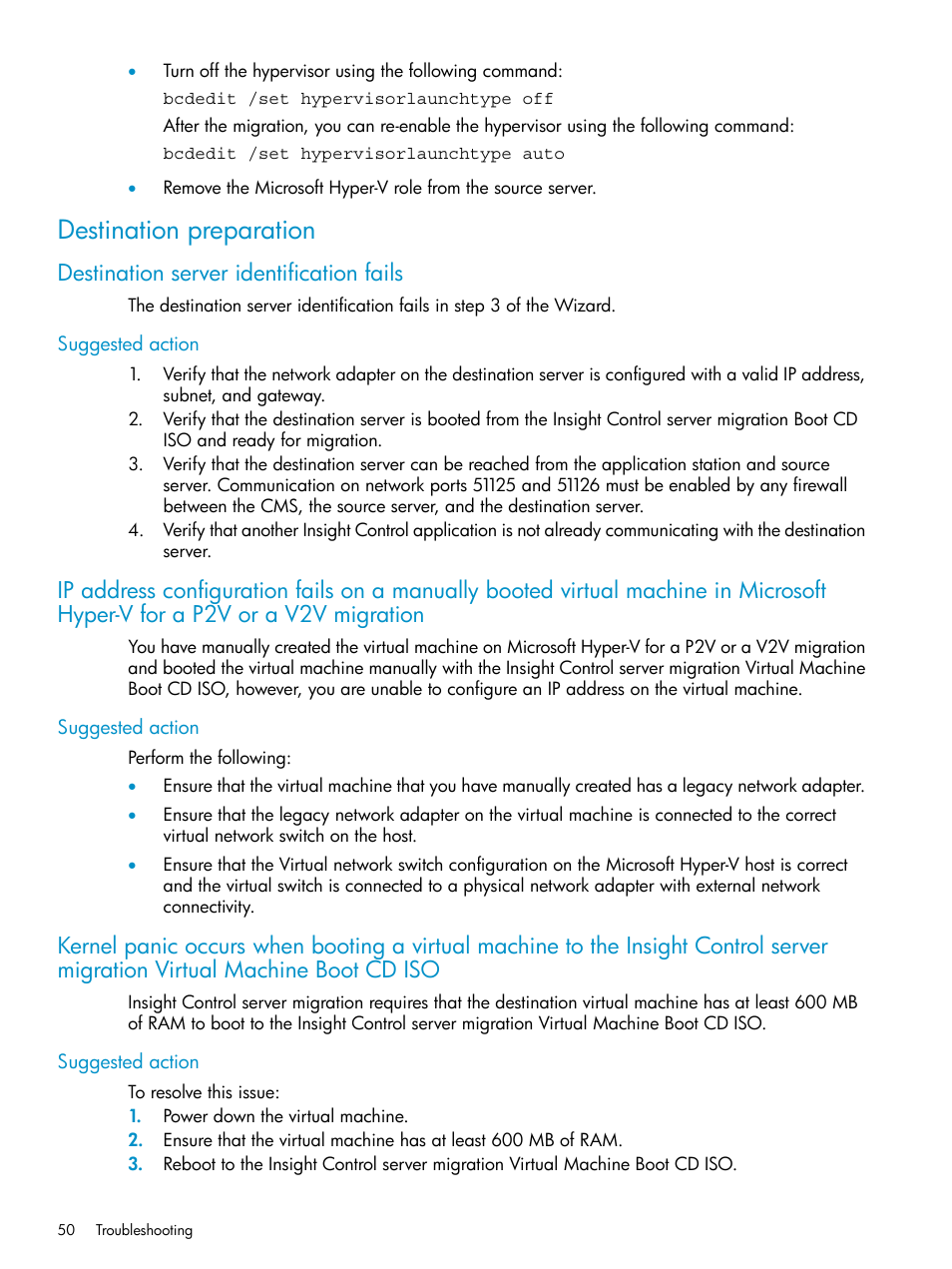 Destination preparation, Destination server identification fails, Suggested action | HP Insight Control User Manual | Page 50 / 78