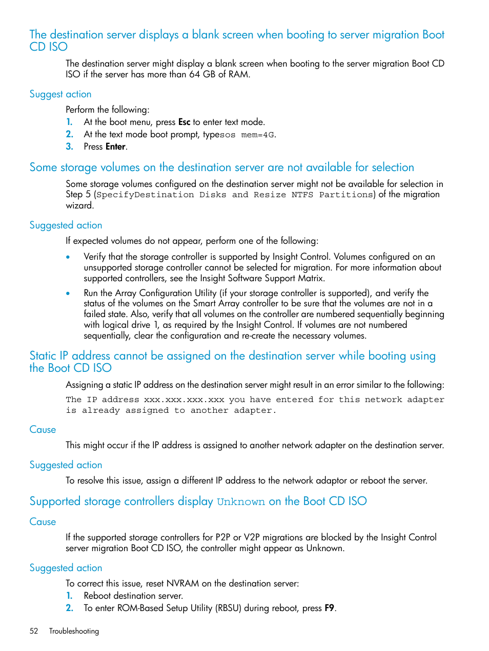 Suggest action, Suggested action, Cause | Cause suggested action | HP Insight Control User Manual | Page 52 / 78