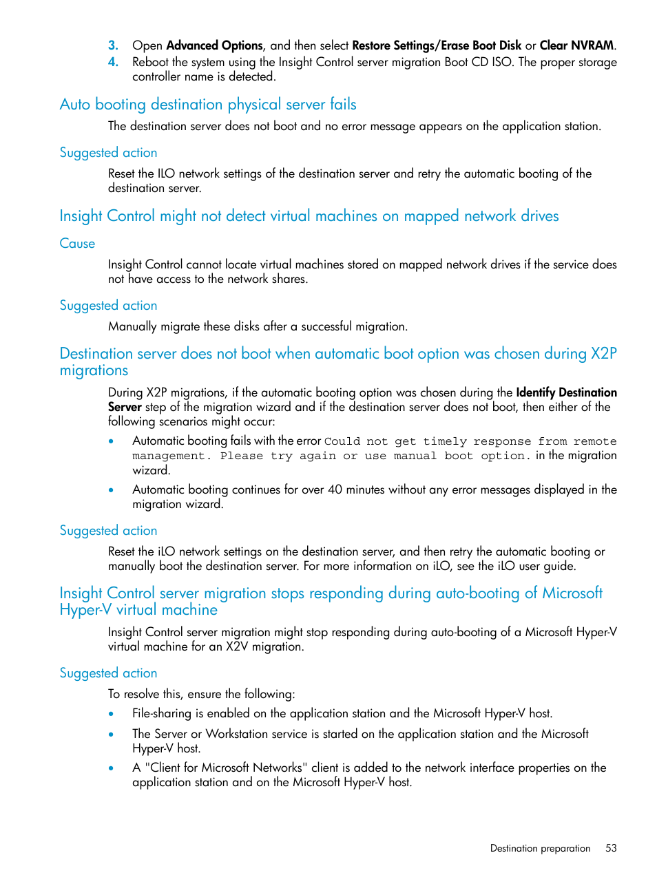 Auto booting destination physical server fails, Suggested action, Cause | Cause suggested action | HP Insight Control User Manual | Page 53 / 78