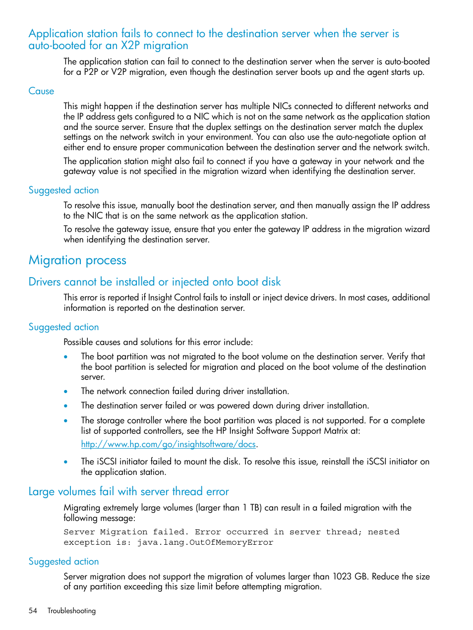 Cause, Suggested action, Migration process | Large volumes fail with server thread error, Cause suggested action | HP Insight Control User Manual | Page 54 / 78