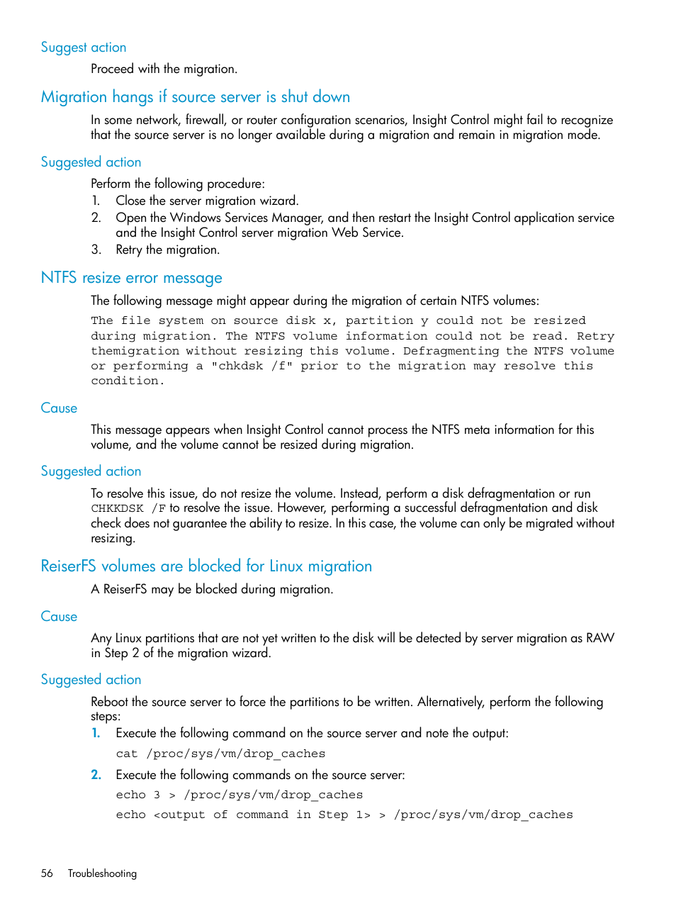 Suggest action, Migration hangs if source server is shut down, Suggested action | Ntfs resize error message, Cause, Reiserfs volumes are blocked for linux migration, Cause suggested action | HP Insight Control User Manual | Page 56 / 78