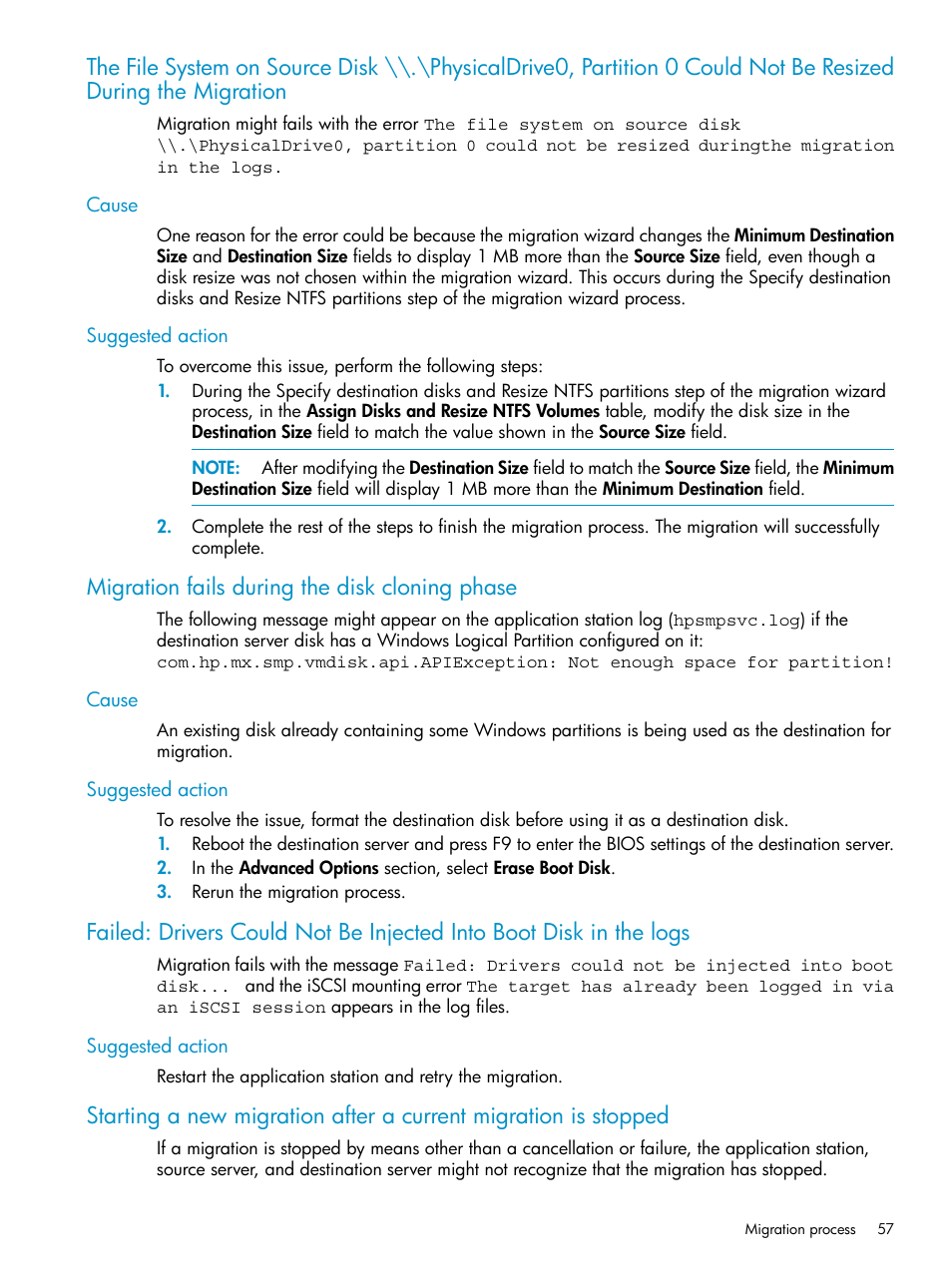 Cause, Suggested action, Migration fails during the disk cloning phase | Cause suggested action | HP Insight Control User Manual | Page 57 / 78