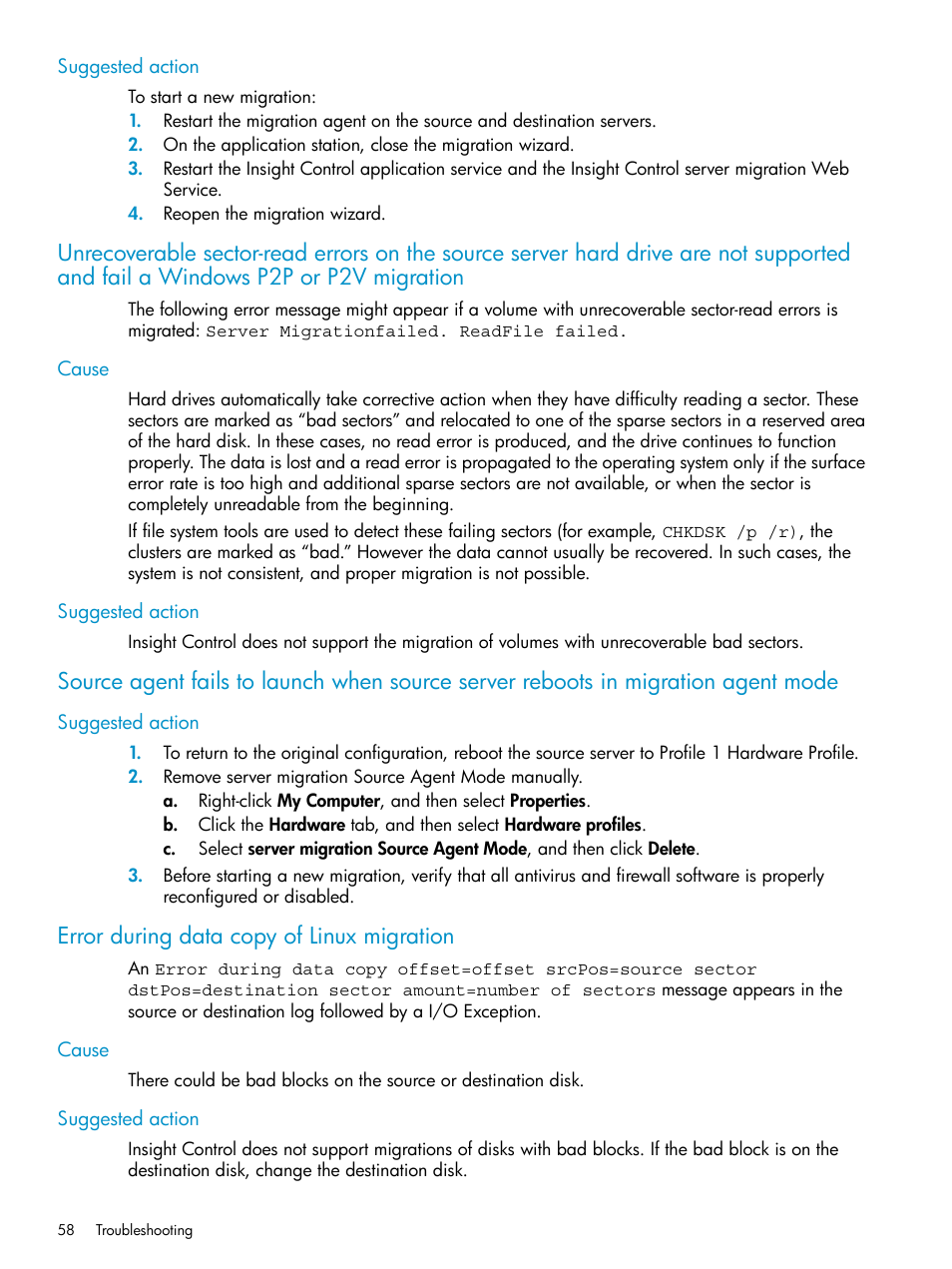 Suggested action, Cause, Error during data copy of linux migration | Cause suggested action | HP Insight Control User Manual | Page 58 / 78