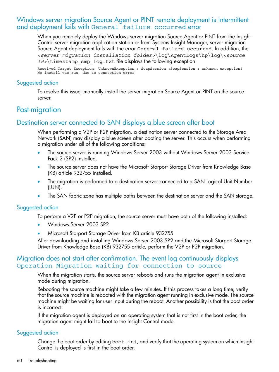 Suggested action, Post-migration | HP Insight Control User Manual | Page 60 / 78