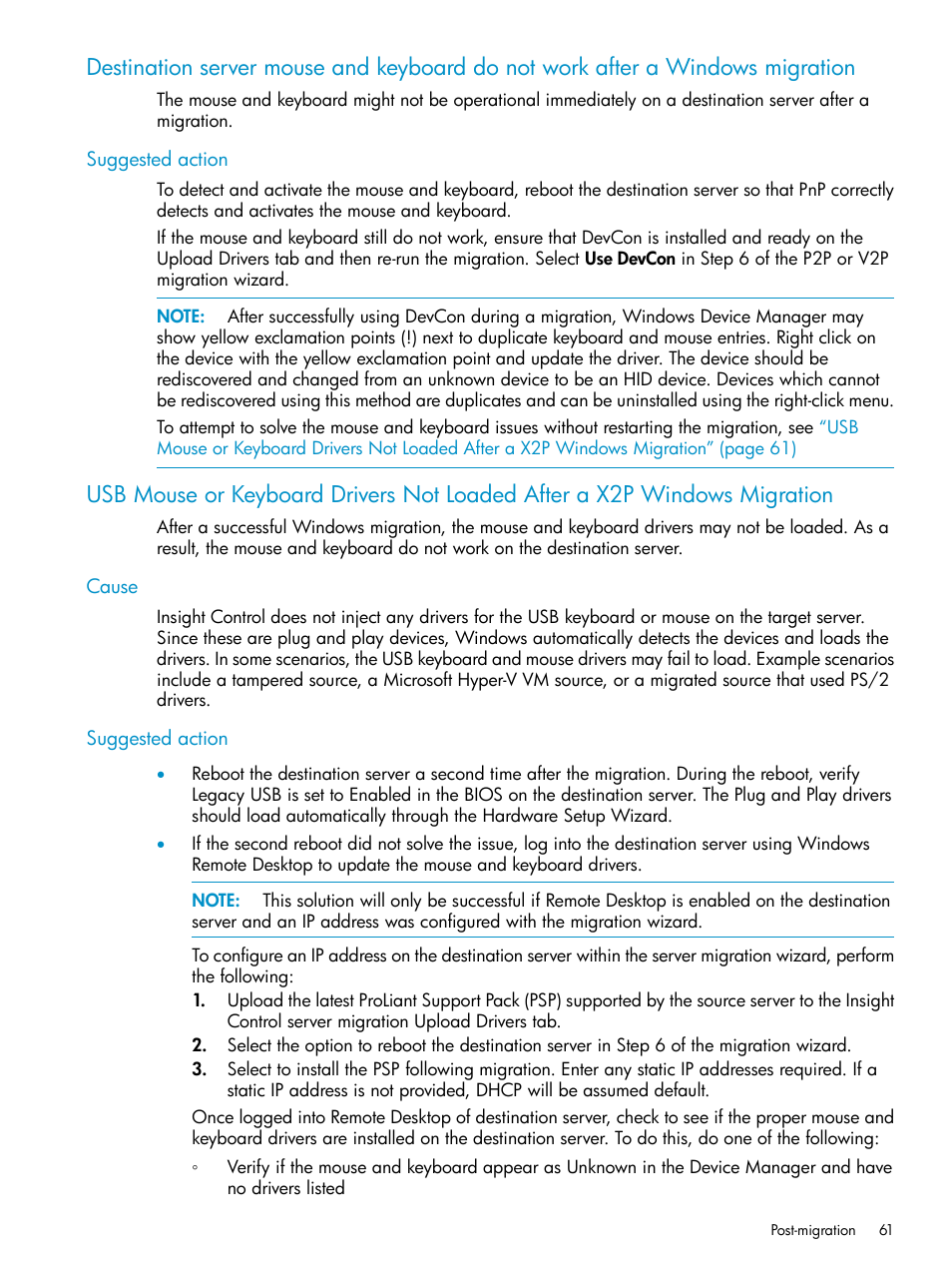 Suggested action, Cause, Cause suggested action | HP Insight Control User Manual | Page 61 / 78