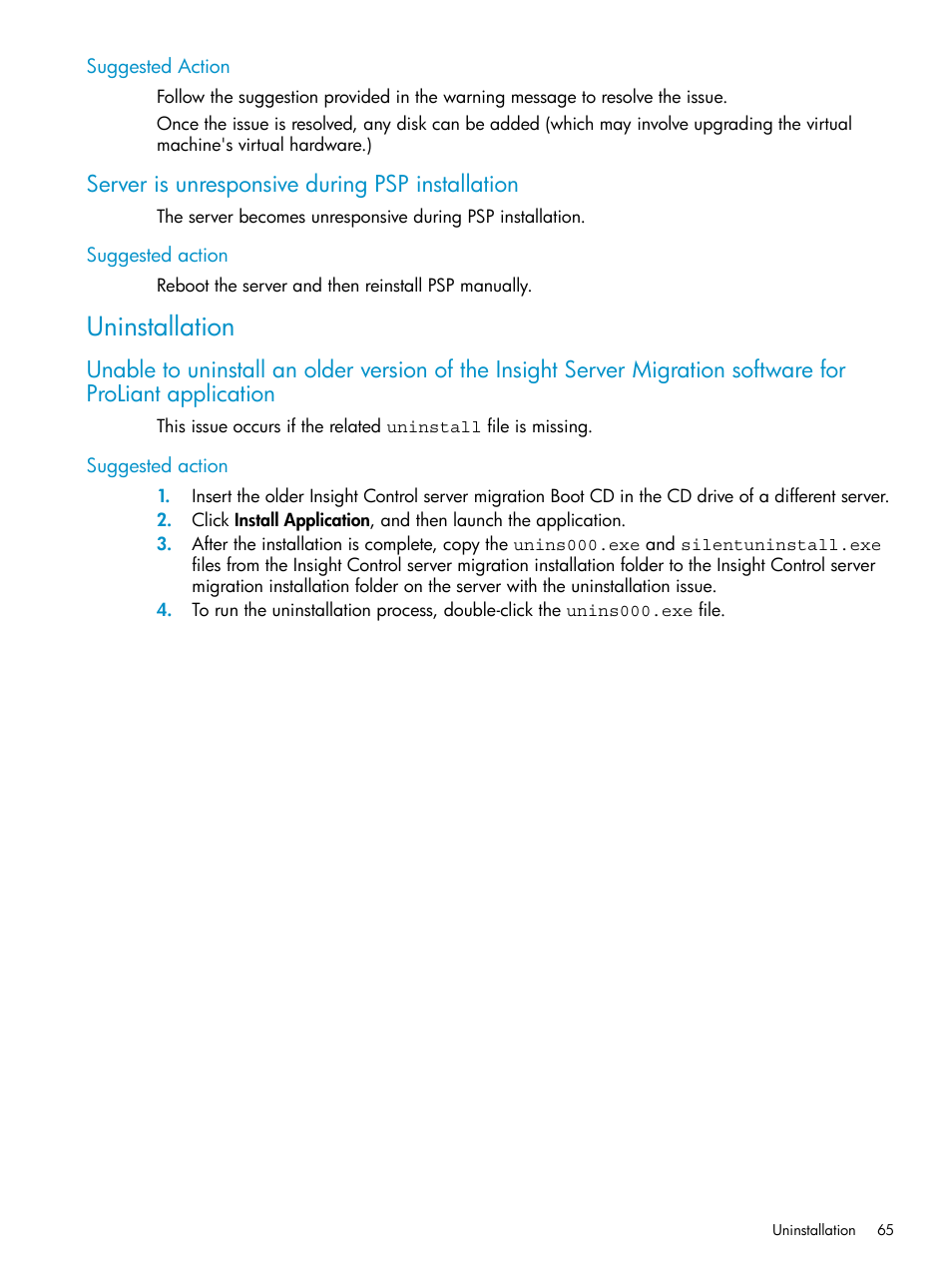 Suggested action, Server is unresponsive during psp installation, Uninstallation | HP Insight Control User Manual | Page 65 / 78