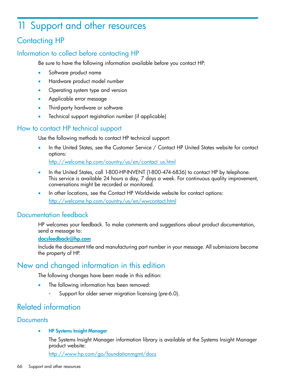 11 support and other resources, Contacting hp, Information to collect before contacting hp | How to contact hp technical support, Documentation feedback, New and changed information in this edition, Related information, Documents | HP Insight Control User Manual | Page 66 / 78