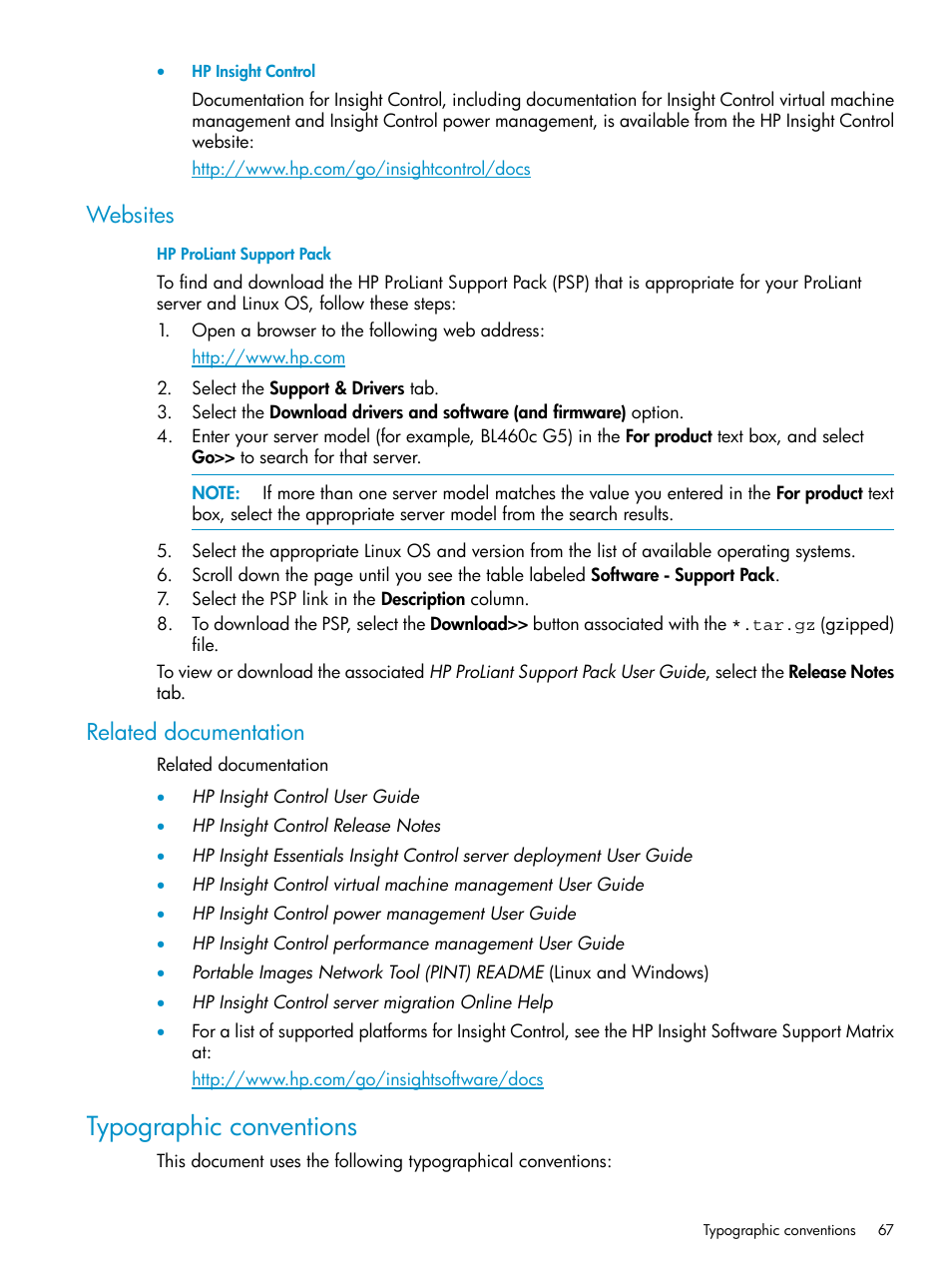 Websites, Related documentation, Typographic conventions | Websites related documentation | HP Insight Control User Manual | Page 67 / 78