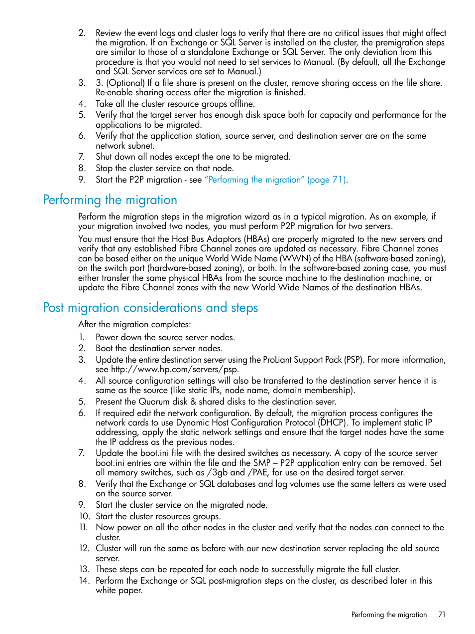 Performing the migration, Post migration considerations and steps | HP Insight Control User Manual | Page 71 / 78