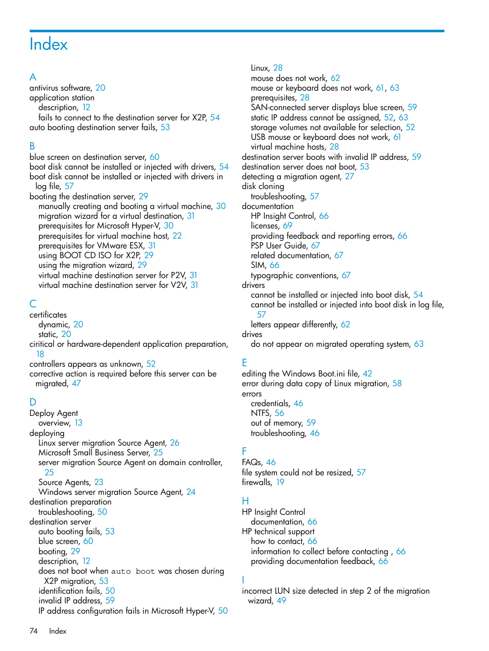 Index | HP Insight Control User Manual | Page 74 / 78