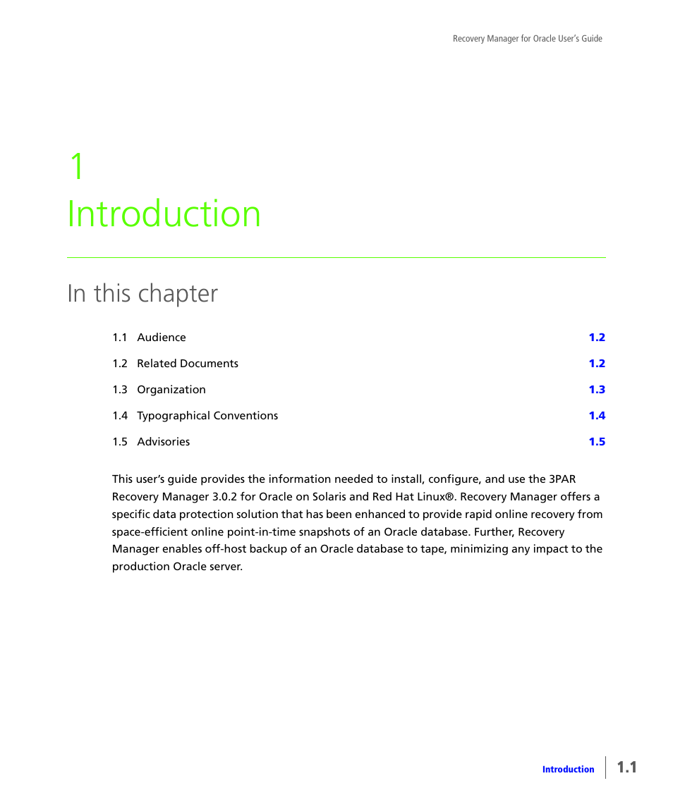 Introduction, 1 introduction | HP 3PAR Application Software Suite for Oracle User Manual | Page 11 / 184