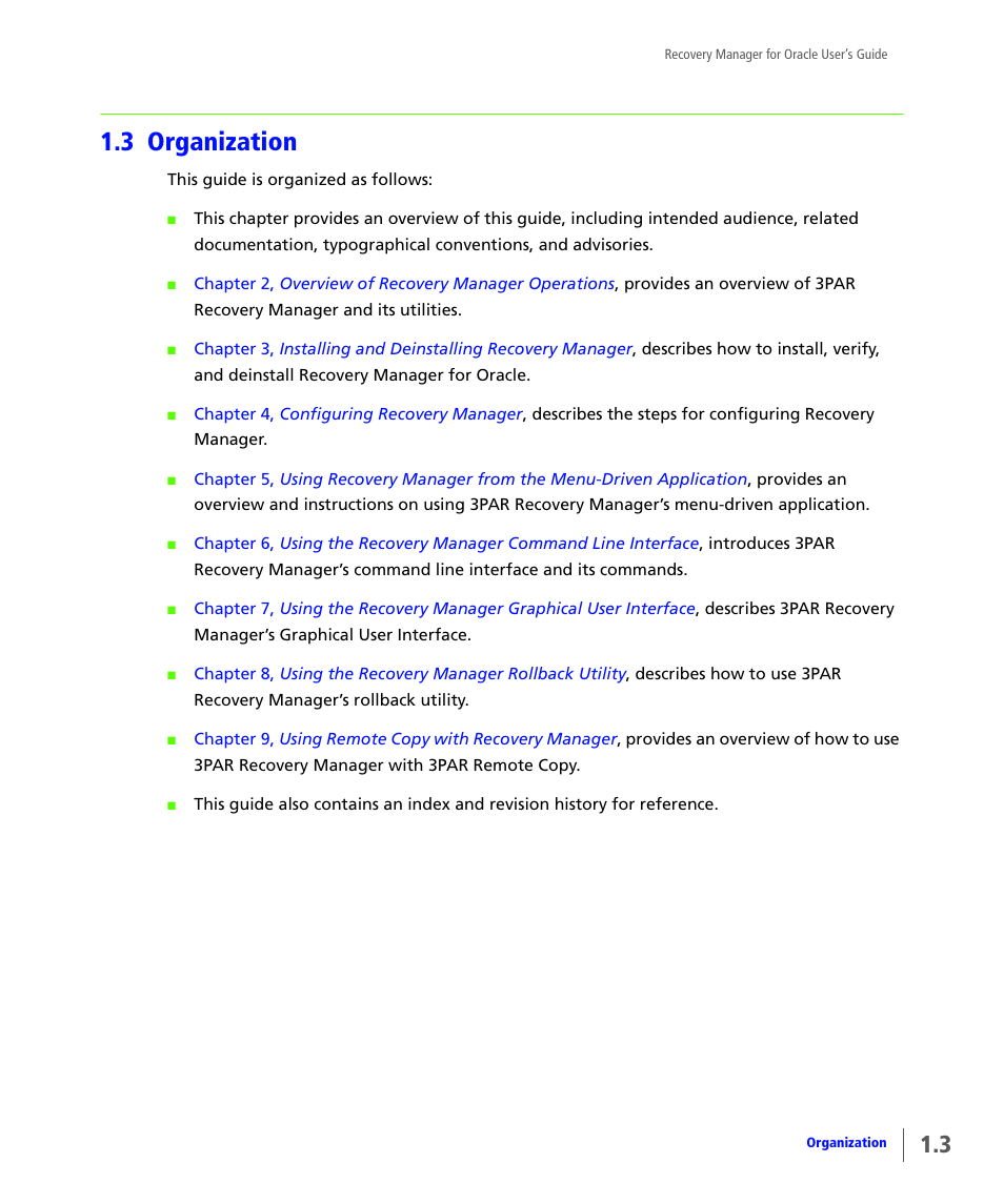 3 organization, Organization | HP 3PAR Application Software Suite for Oracle User Manual | Page 13 / 184