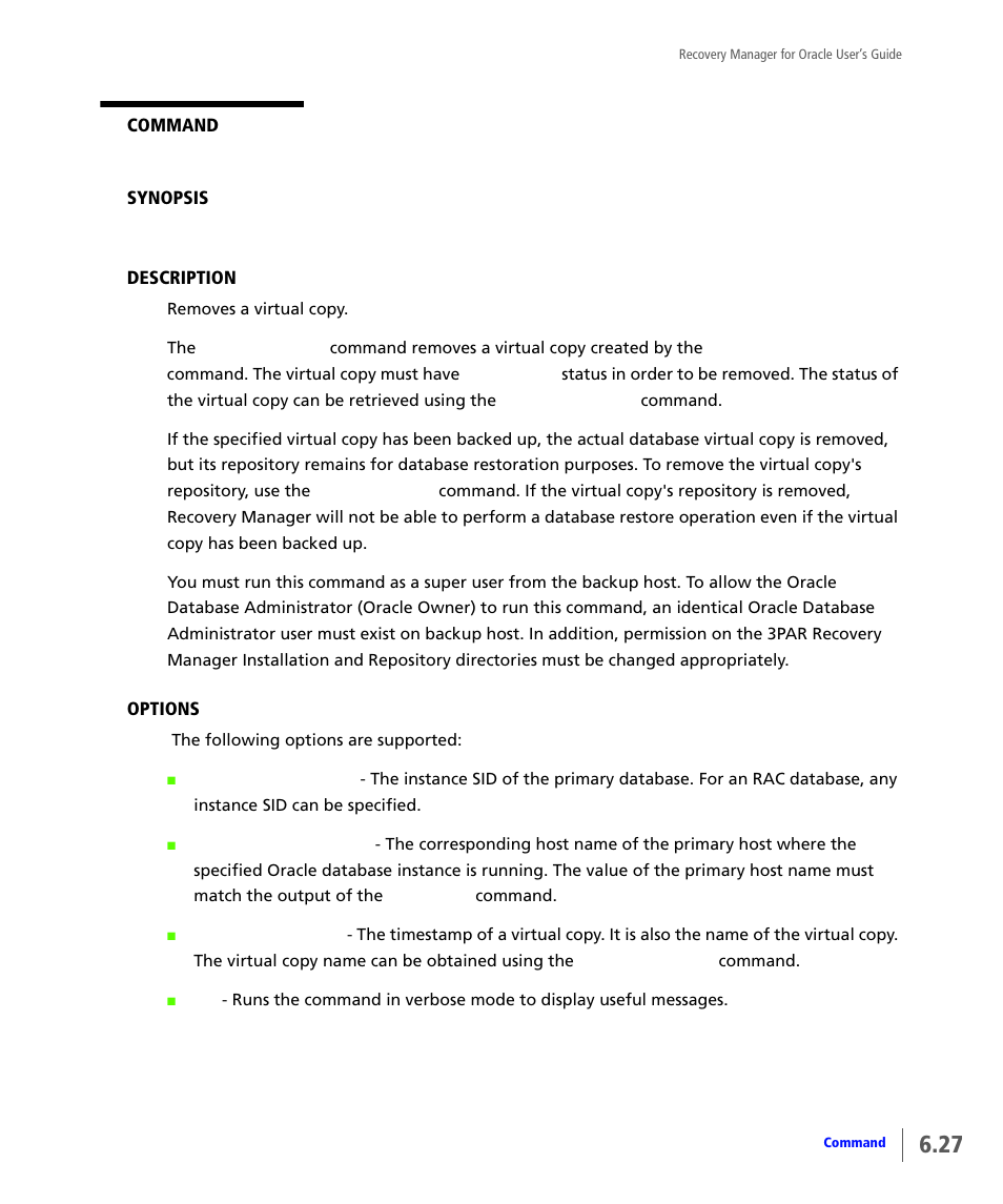 Vcdba_remove | HP 3PAR Application Software Suite for Oracle User Manual | Page 135 / 184